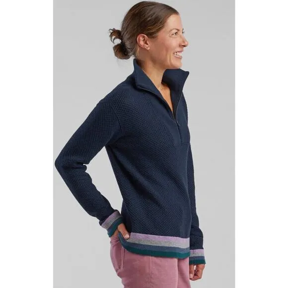 Title Nine Women's Woolicious Waffle 1/4 Zip Striped Merino Wool Sweater Blue XL