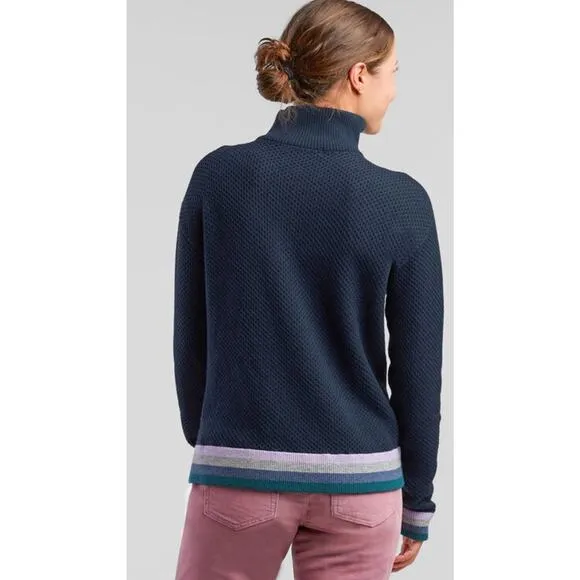 Title Nine Women's Woolicious Waffle 1/4 Zip Striped Merino Wool Sweater Blue XL