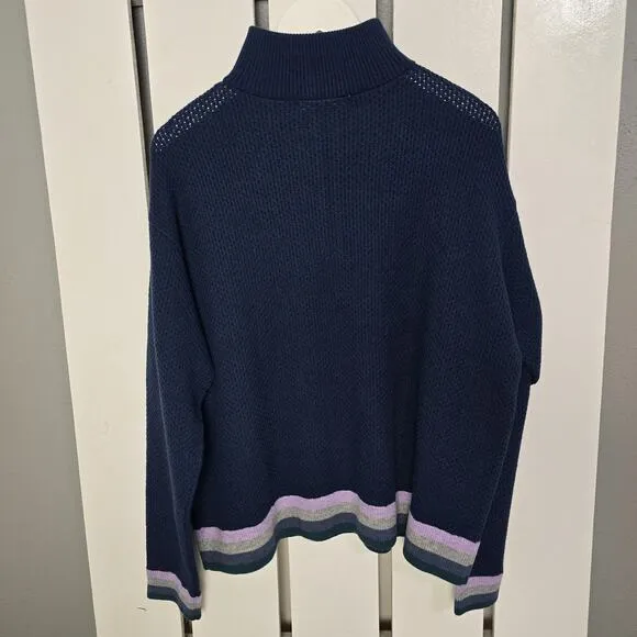Title Nine Women's Woolicious Waffle 1/4 Zip Striped Merino Wool Sweater Blue XL
