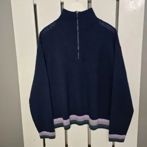 Title Nine Women's Woolicious Waffle 1/4 Zip Striped Merino Wool Sweater Blue XL