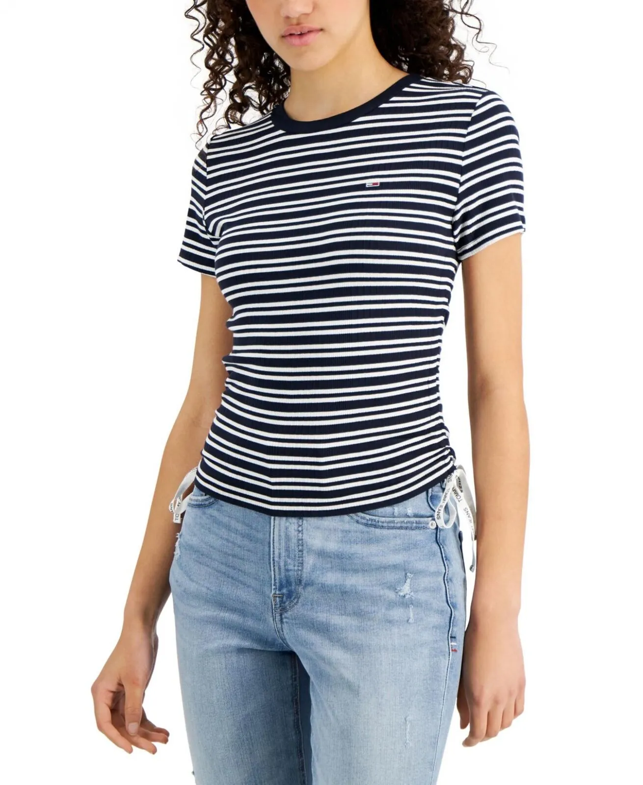 Tommy Jeans Womens Striped Side-Ruched Ribbed T-Shirt T2EHNDHG