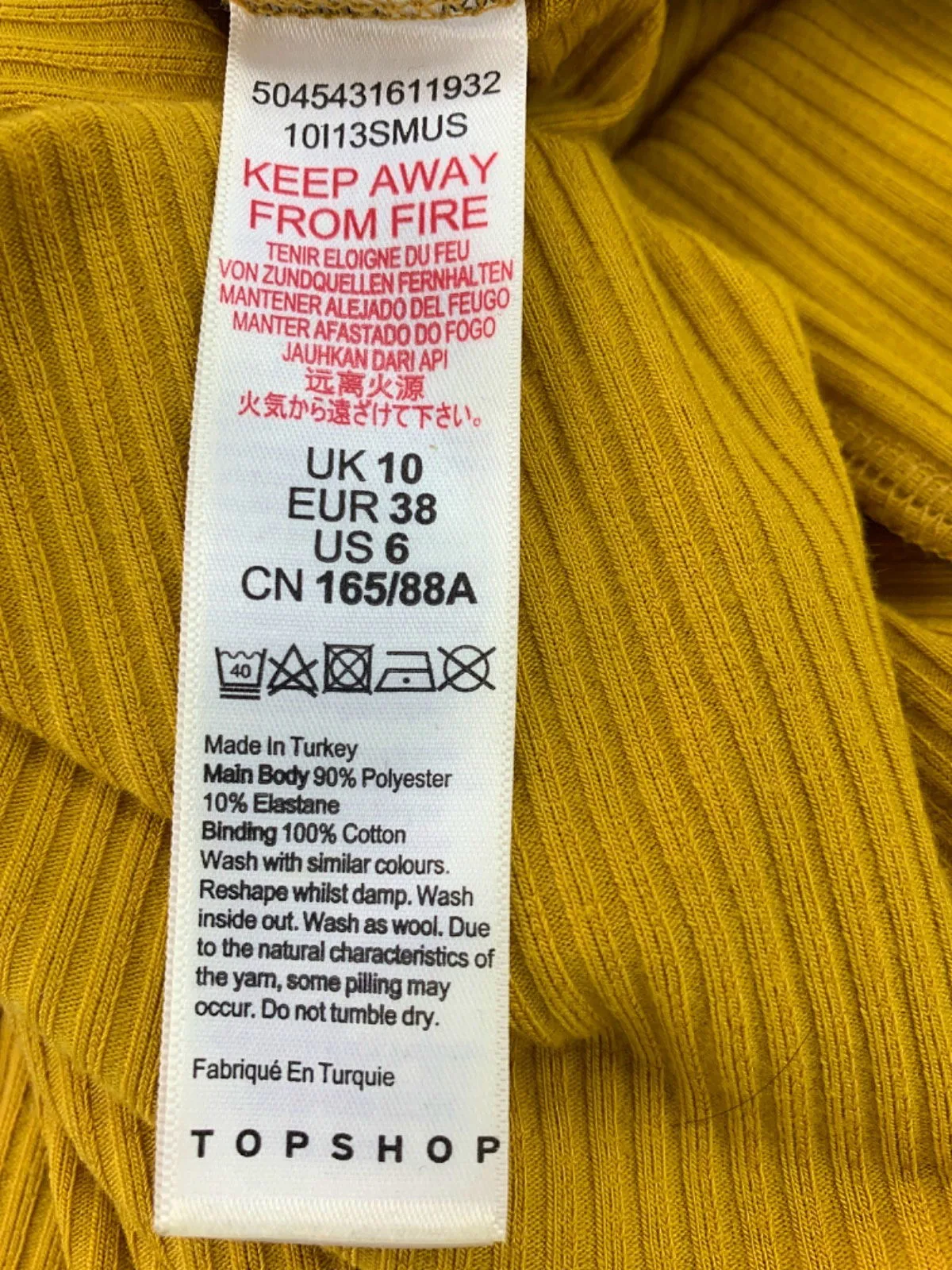 Topshop Yellow Ribbed Puff Sleeve Mini Dress UK 10