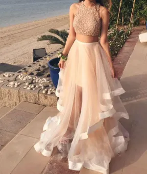 Two Pieces Ivory Prom Dresses, Two Pieces Ivory Formal Dresses, Ivory Evening Dresses