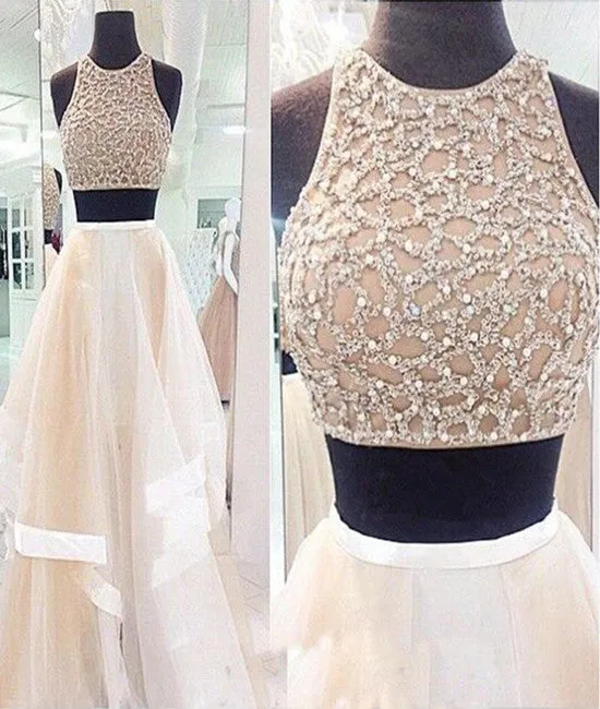 Two Pieces Ivory Prom Dresses, Two Pieces Ivory Formal Dresses, Ivory Evening Dresses