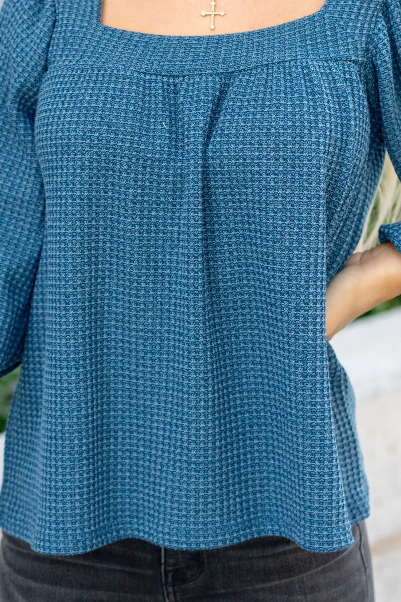Two Tone Waffle Square Neck Shirred Top - Dark Teal