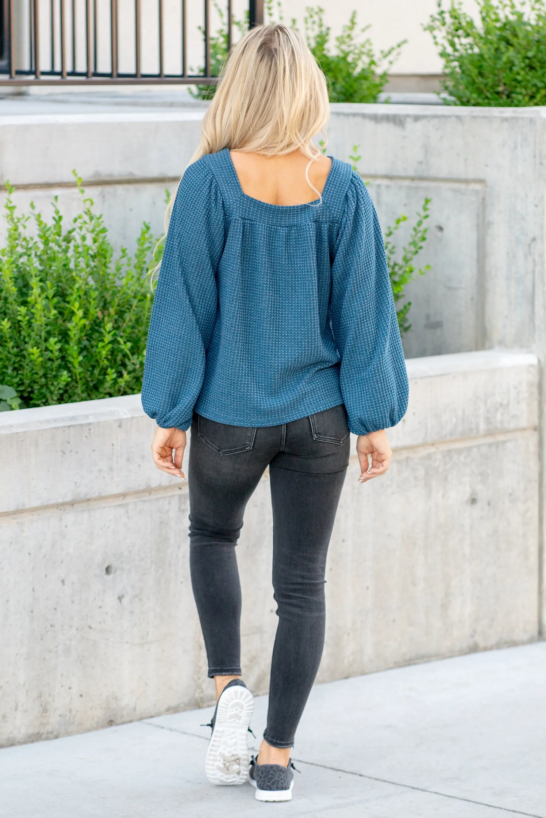 Two Tone Waffle Square Neck Shirred Top - Dark Teal