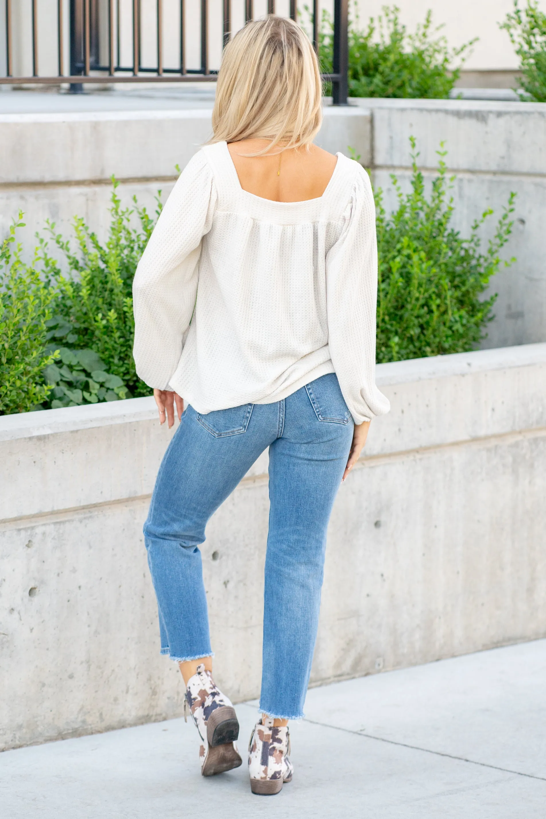 Two Tone Waffle Square Neck Shirred Top - Ivory