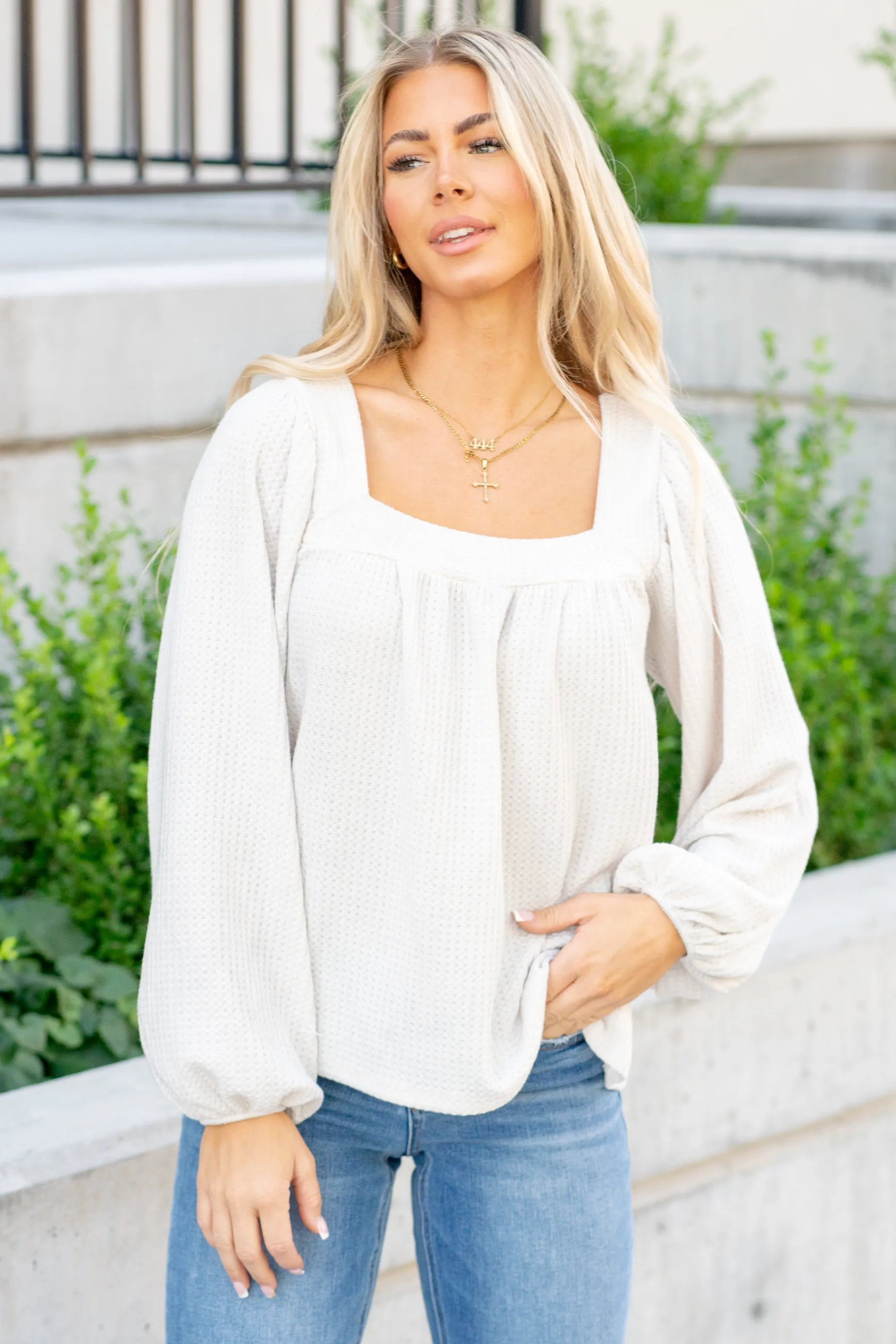 Two Tone Waffle Square Neck Shirred Top - Ivory