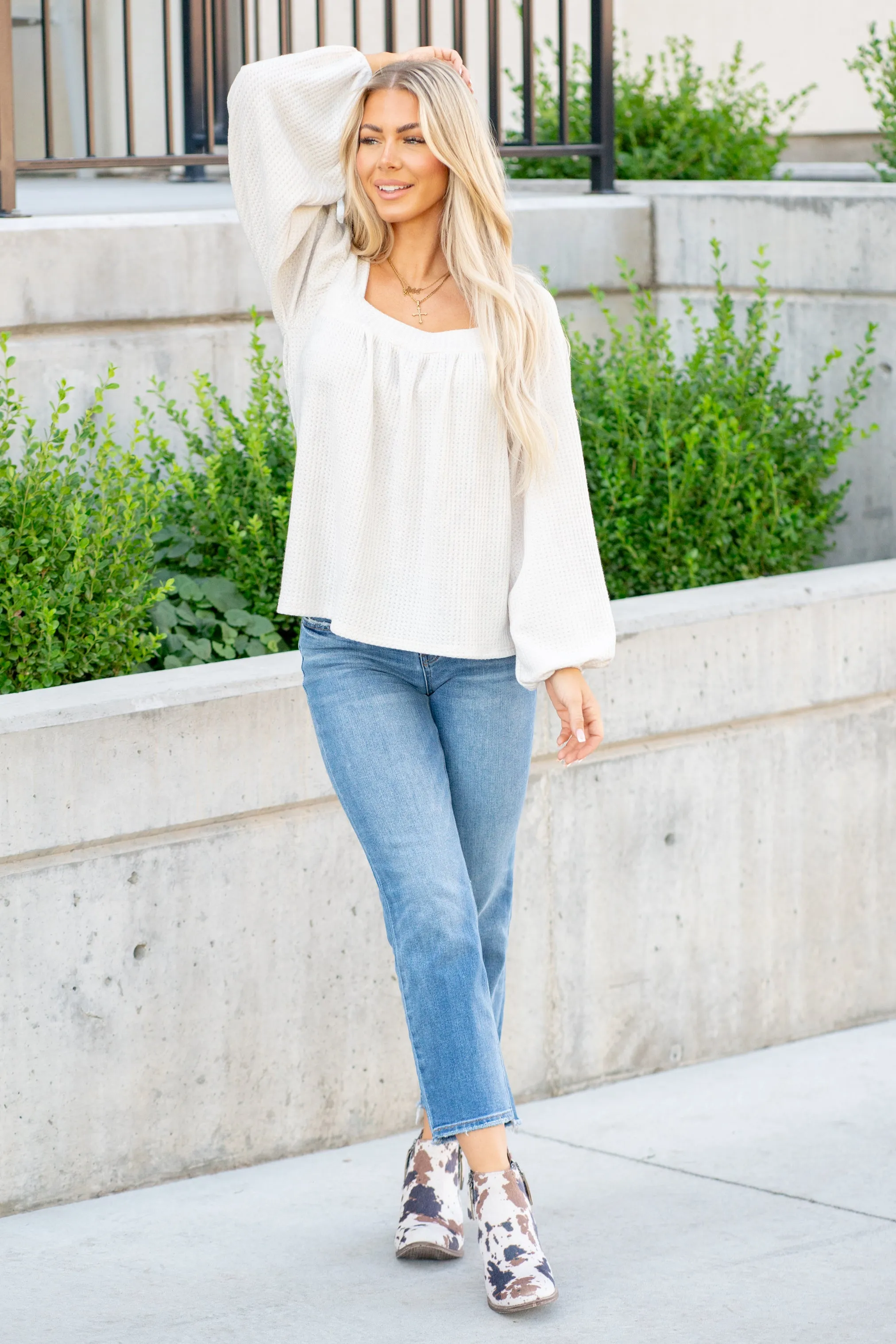 Two Tone Waffle Square Neck Shirred Top - Ivory