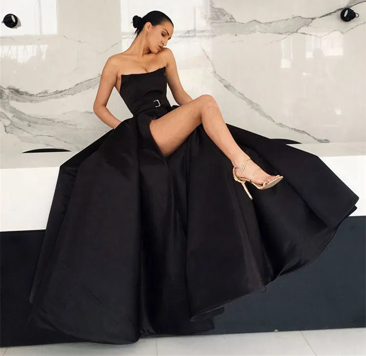 Unique Black Satin Long Prom Dresses with High Slit, Black Formal Dresses, Evening Dresses