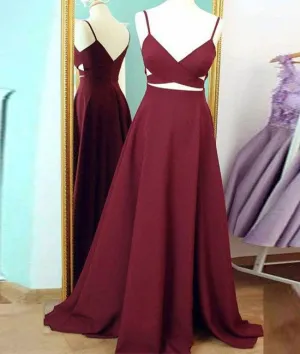Unique Sexy Two Pieces Long Burgundy Prom Dresses, Burgundy Evening Dresses