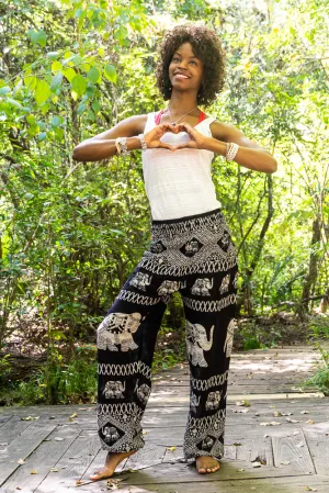 Unisex Bohemian Elephant Coil Print Harem Pants- Black