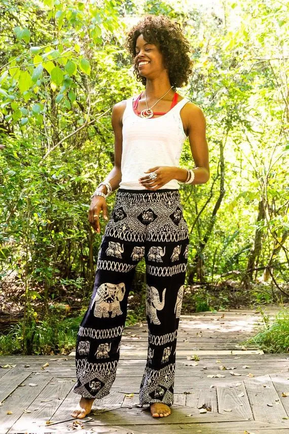 Unisex Bohemian Elephant Coil Print Harem Pants- Black