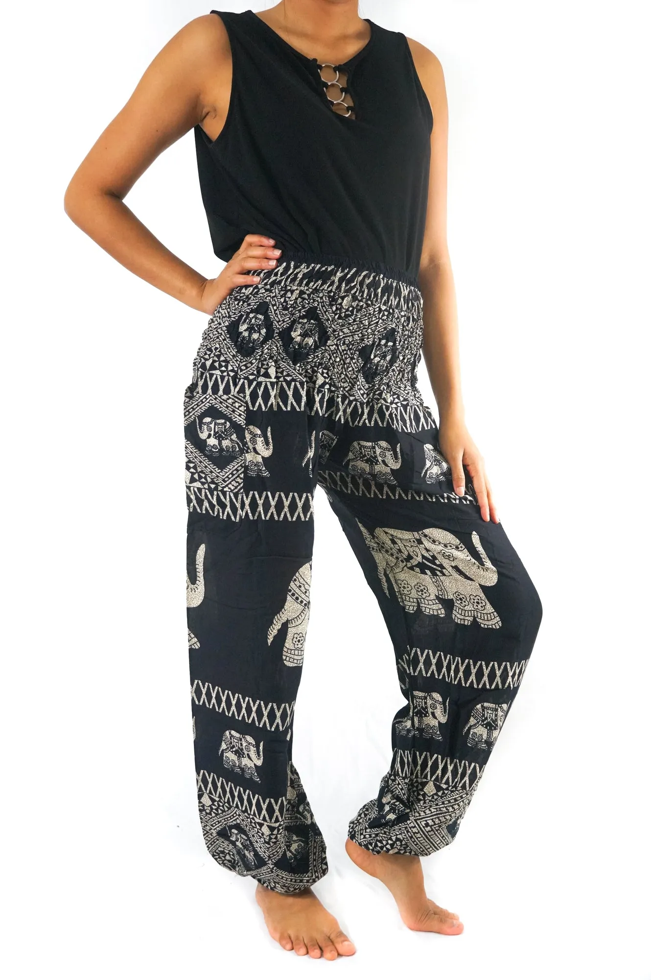 Unisex Bohemian Elephant Coil Print Harem Pants- Black