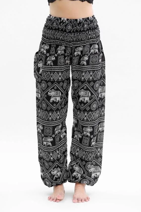 Unisex Bohemian Elephant Diamond Print Harem Pants- Black