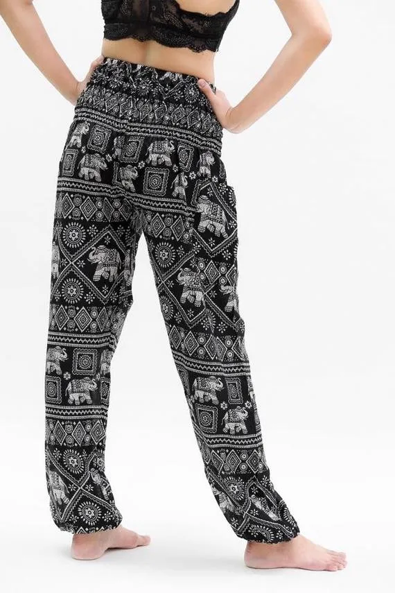 Unisex Bohemian Elephant Diamond Print Harem Pants- Black