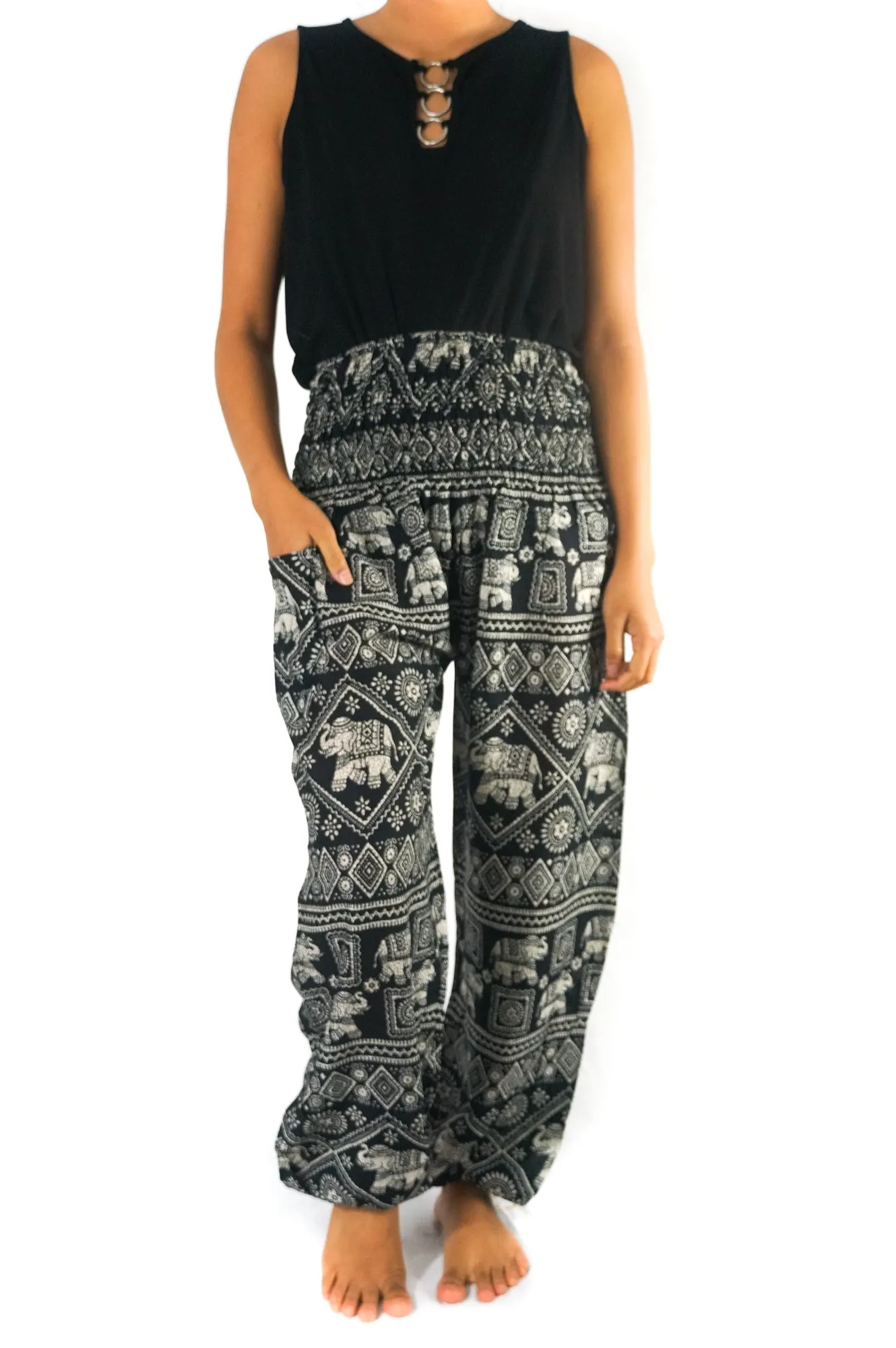 Unisex Bohemian Elephant Diamond Print Harem Pants- Black
