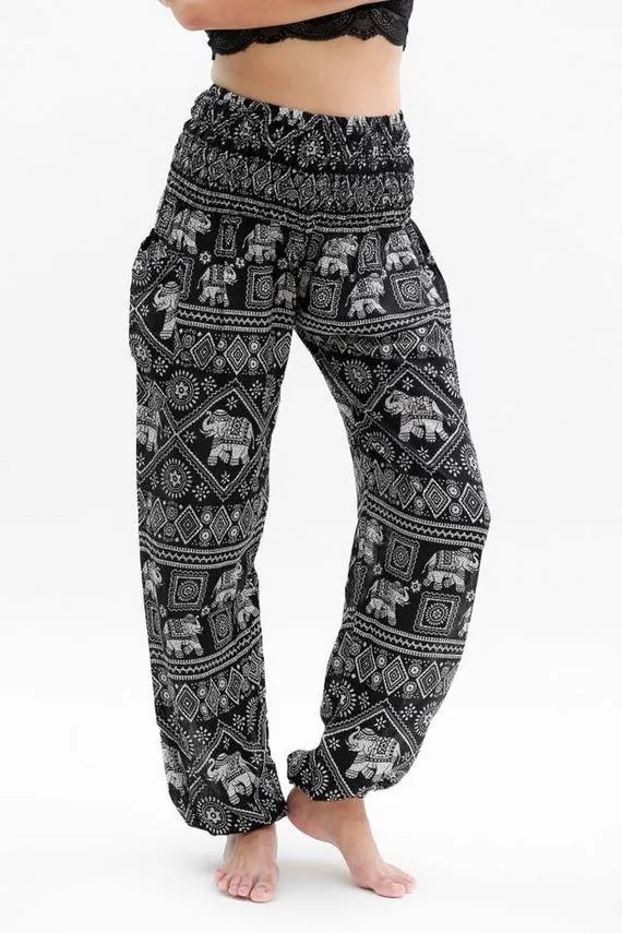 Unisex Bohemian Elephant Diamond Print Harem Pants- Black