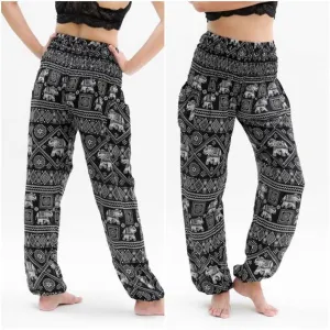 Unisex Bohemian Elephant Diamond Print Harem Pants- Black