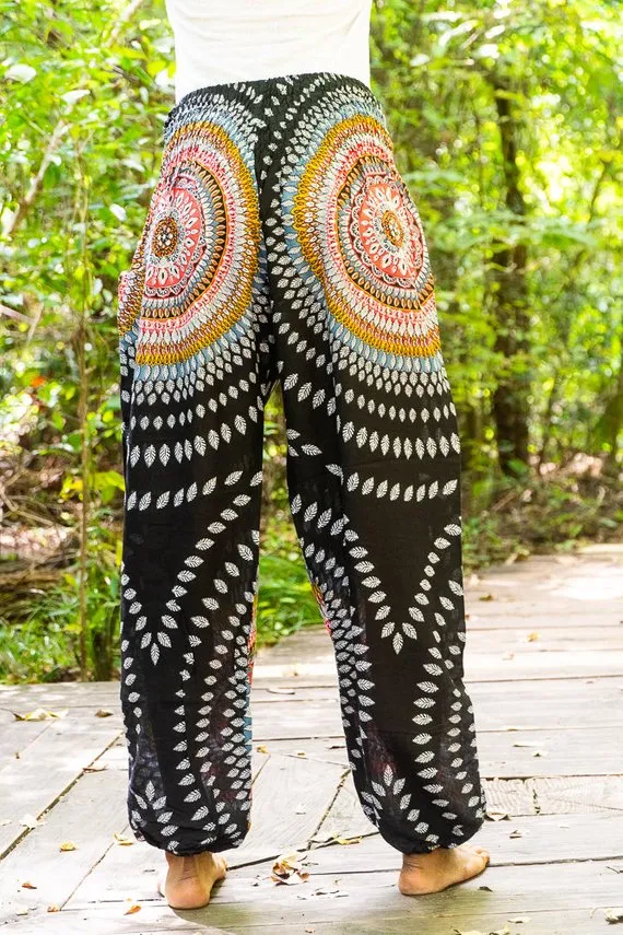 Unisex Bohemian Lotus Harem Pants- Black Multi