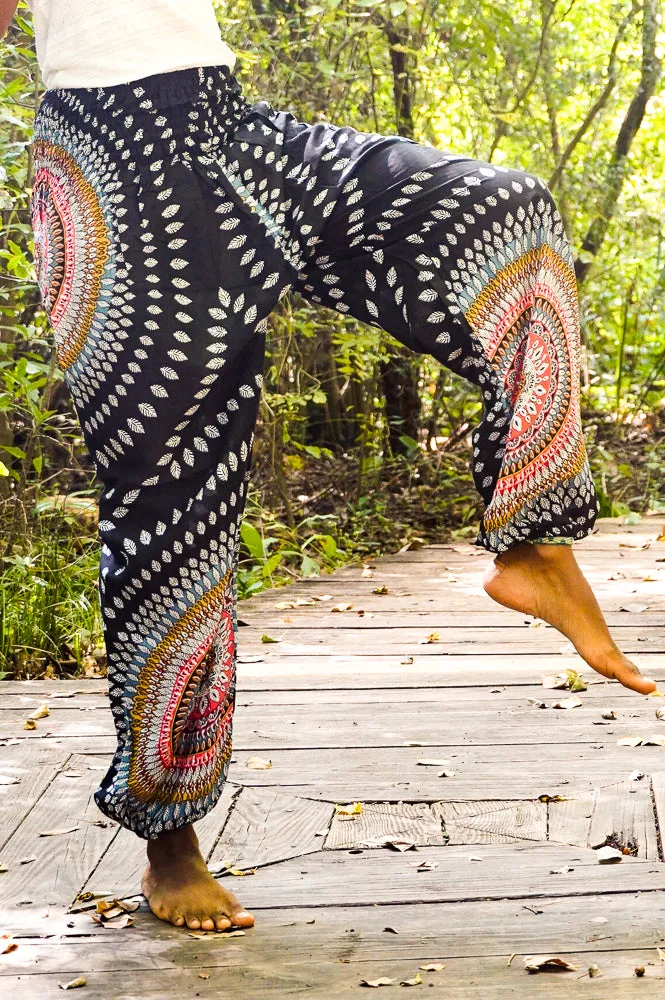 Unisex Bohemian Lotus Harem Pants- Black Multi