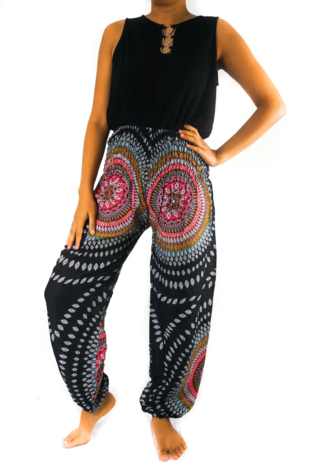 Unisex Bohemian Lotus Harem Pants- Black Multi