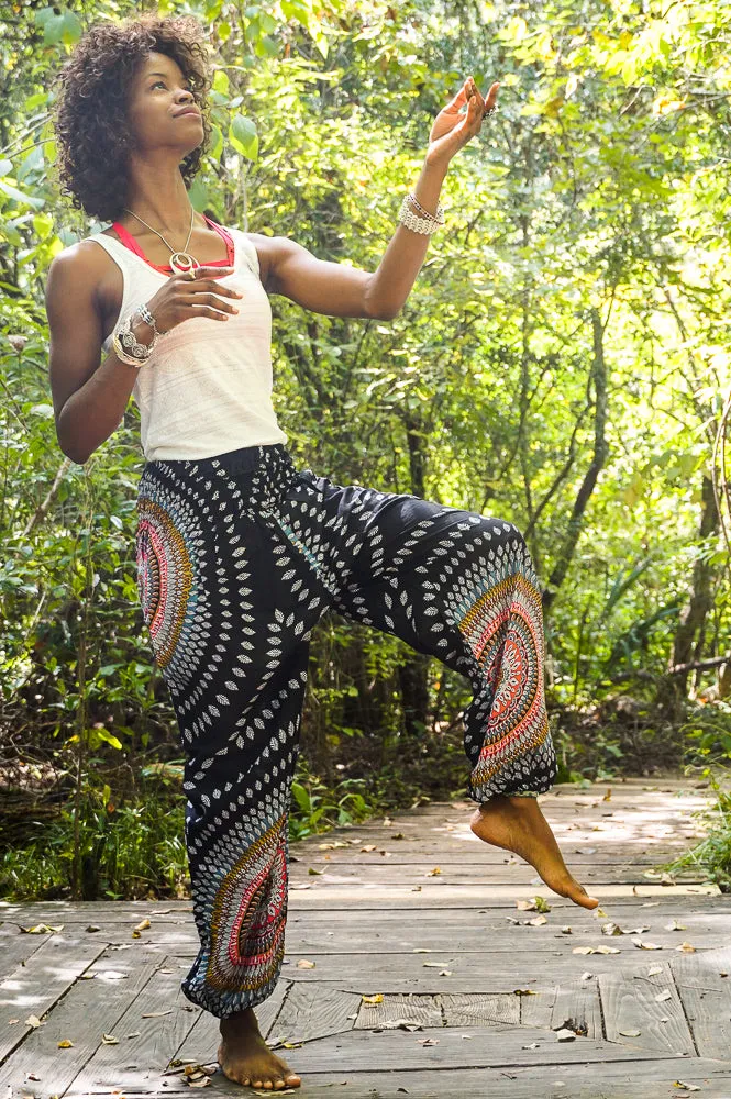 Unisex Bohemian Lotus Harem Pants- Black Multi