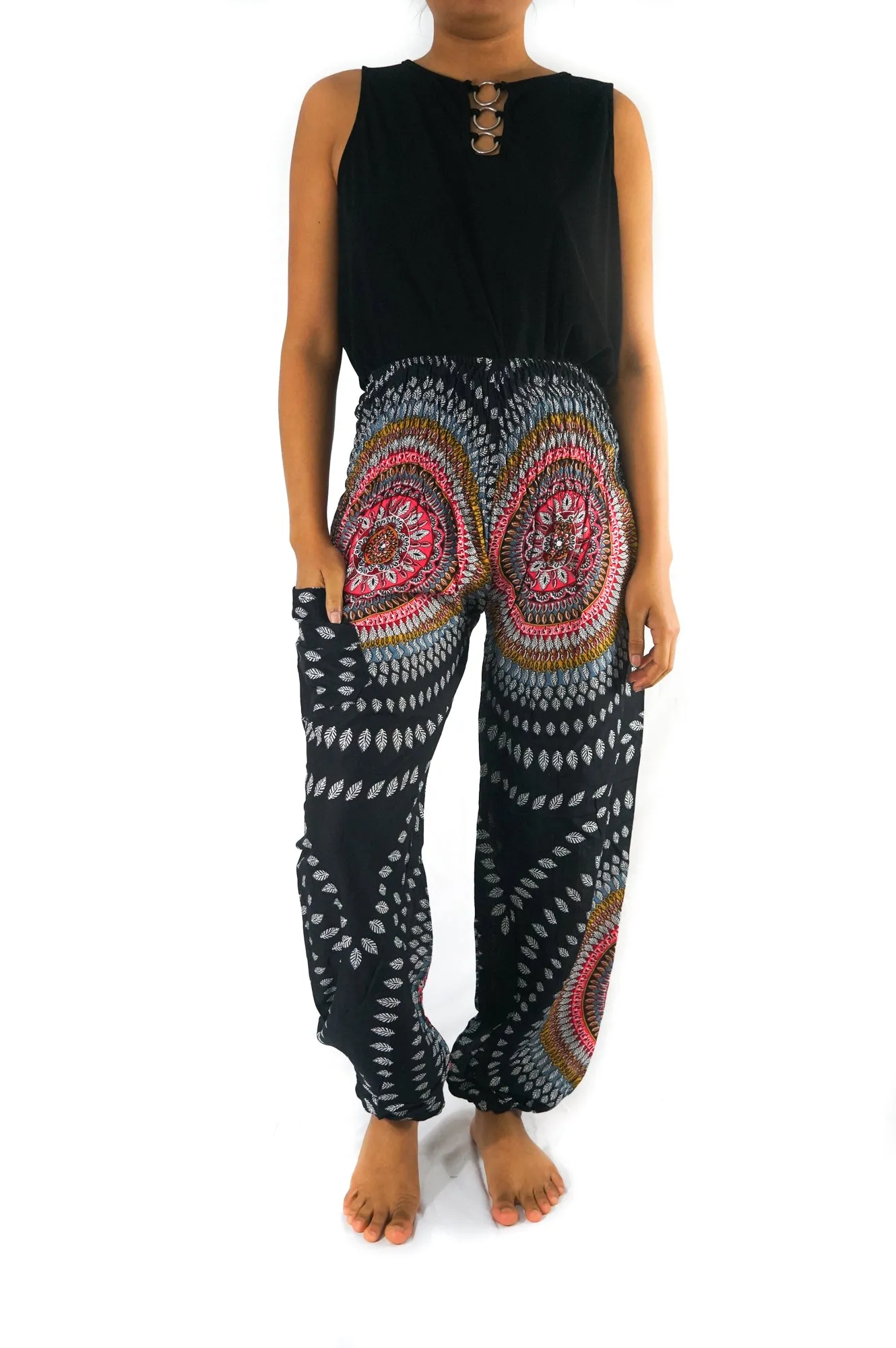 Unisex Bohemian Lotus Harem Pants- Black Multi