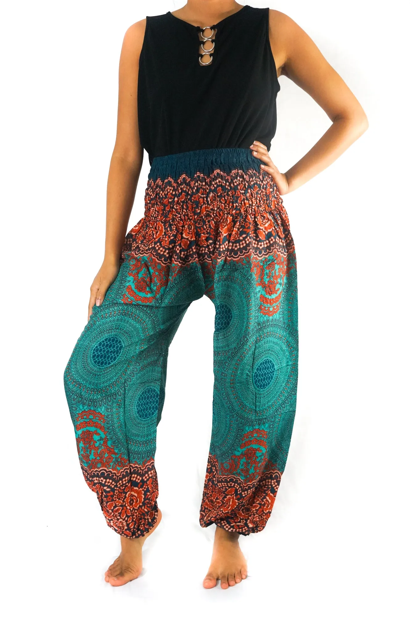 Unisex Bohemian Mandala Floral Harem Pants- Teal/Orange