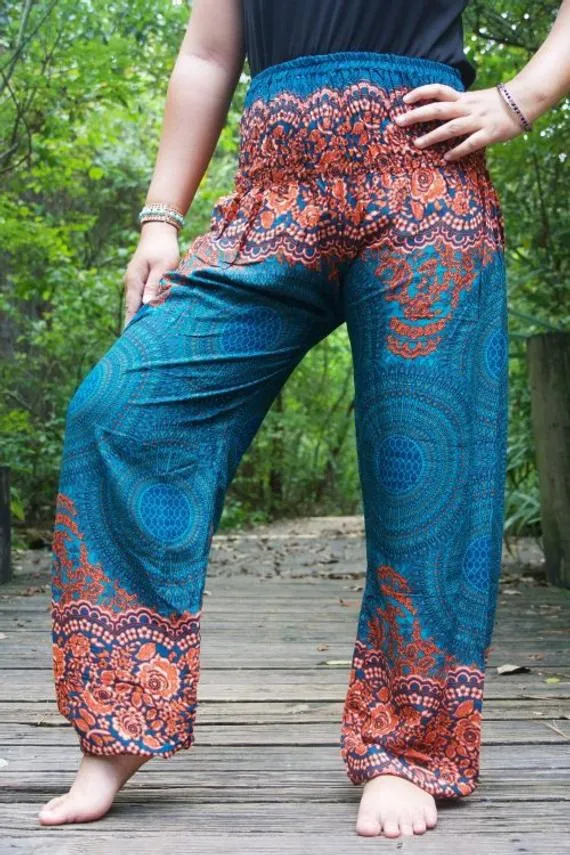 Unisex Bohemian Mandala Floral Harem Pants- Teal/Orange