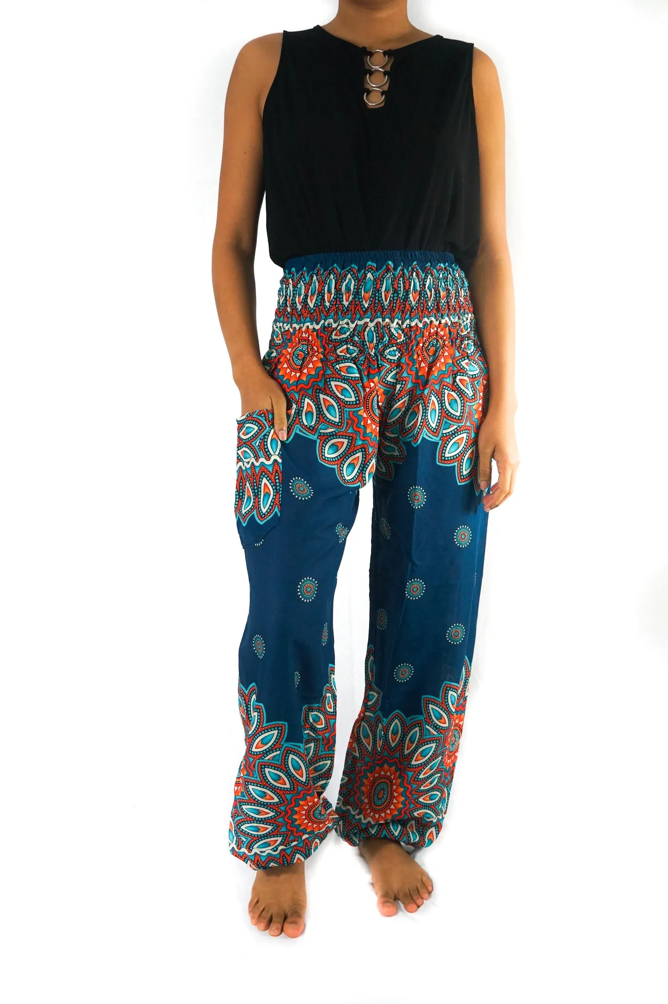 Unisex Bohemian Mandala Floral Medallion Harem Pants- Teal/Orange