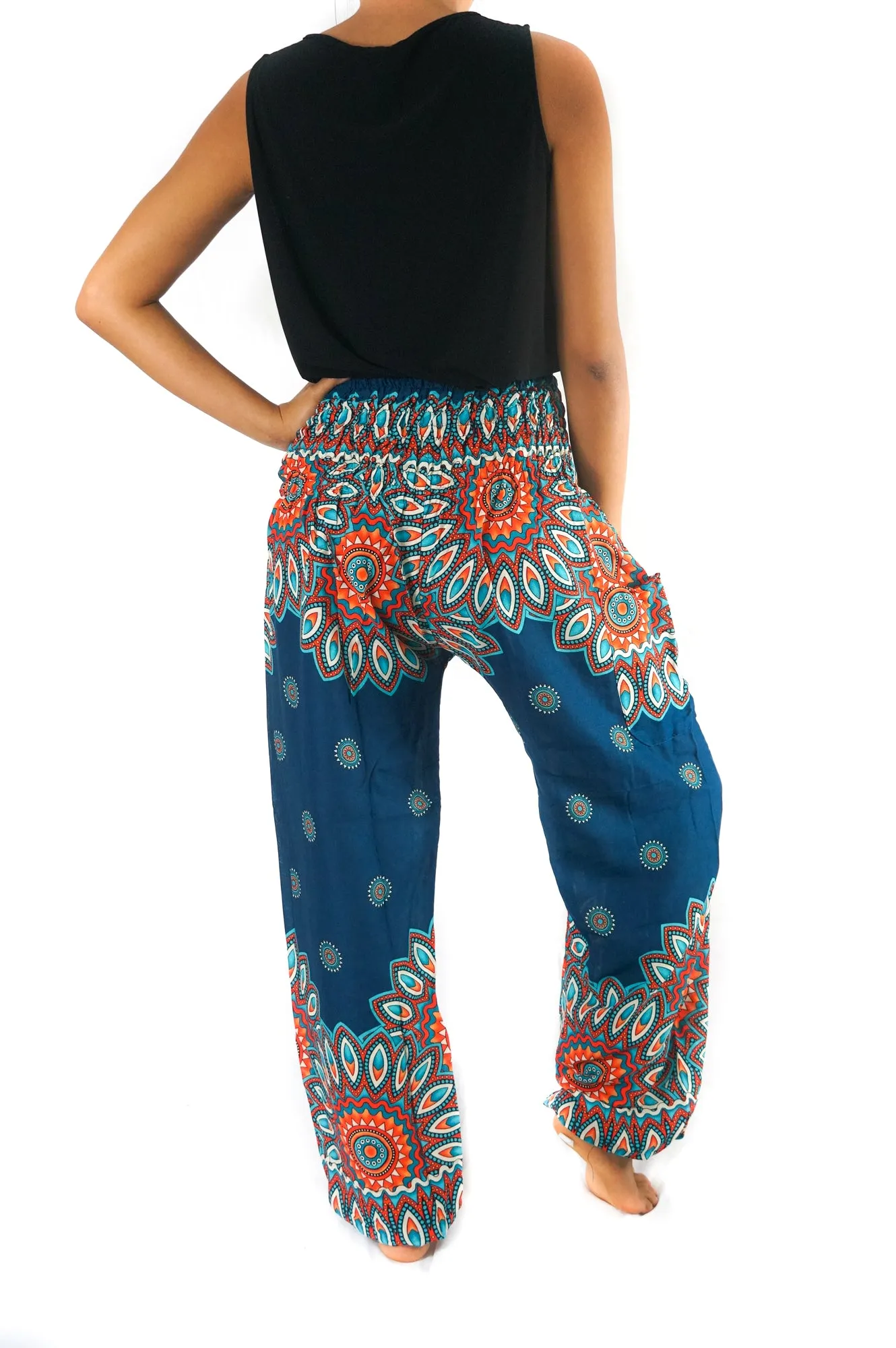 Unisex Bohemian Mandala Floral Medallion Harem Pants- Teal/Orange