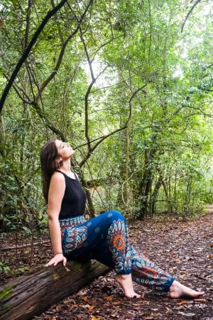 Unisex Bohemian Mandala Floral Medallion Harem Pants- Teal/Orange