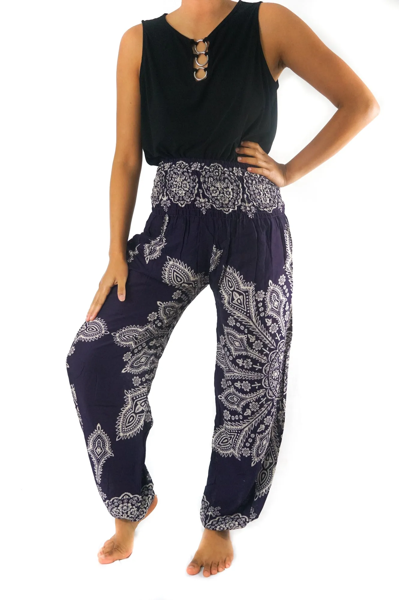 Unisex Bohemian Mandala Snowflake Harem Pants- Purple