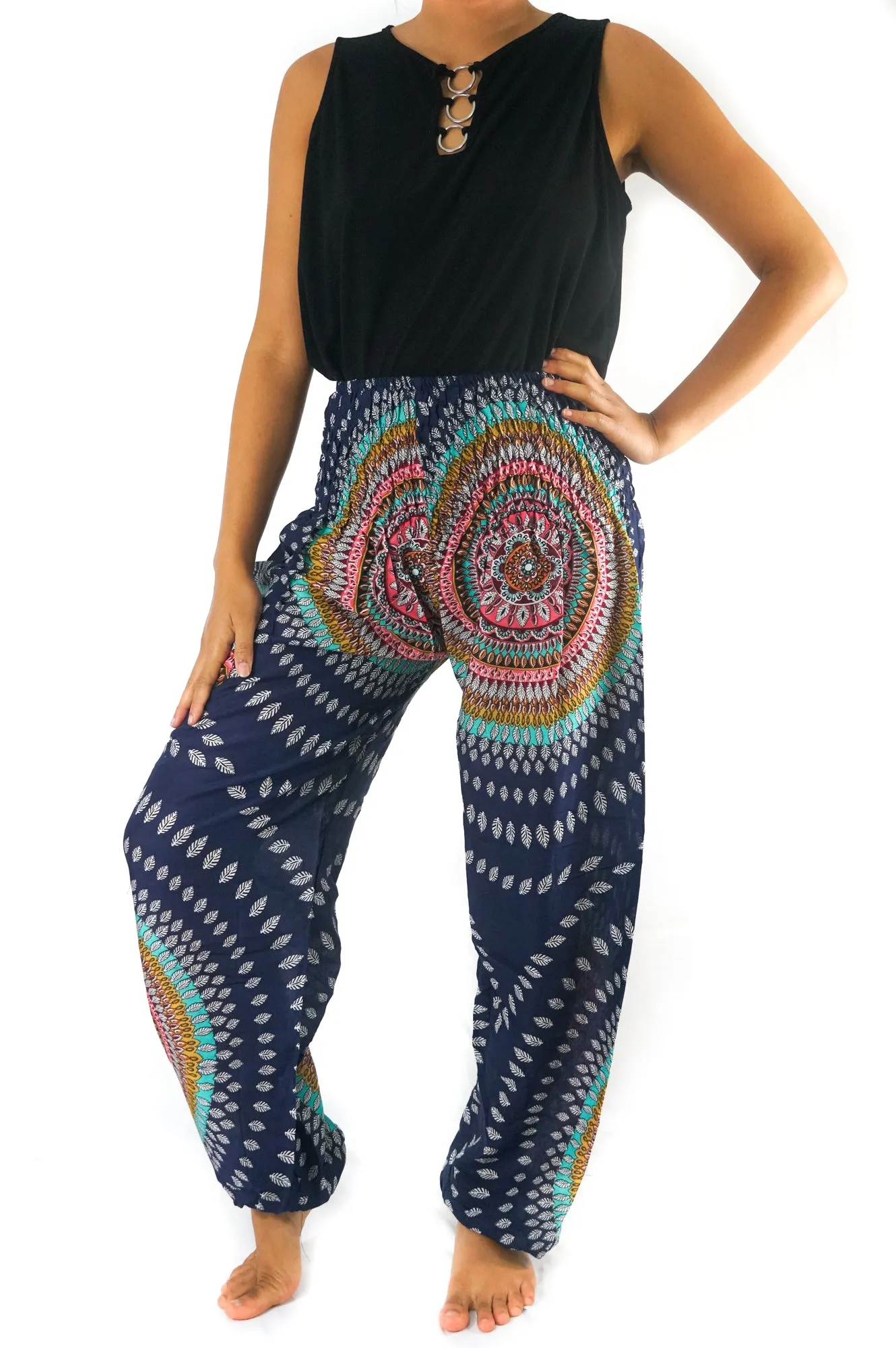 Unisex Bohemian Mandala Swirl Harem Pants- Blue Multi