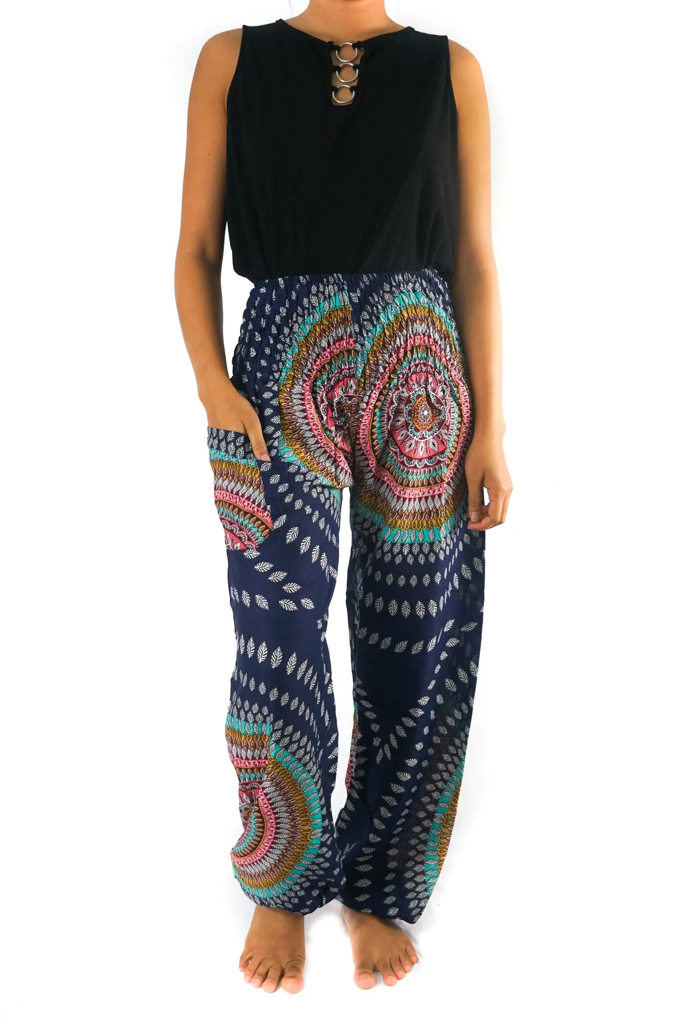 Unisex Bohemian Mandala Swirl Harem Pants- Blue Multi