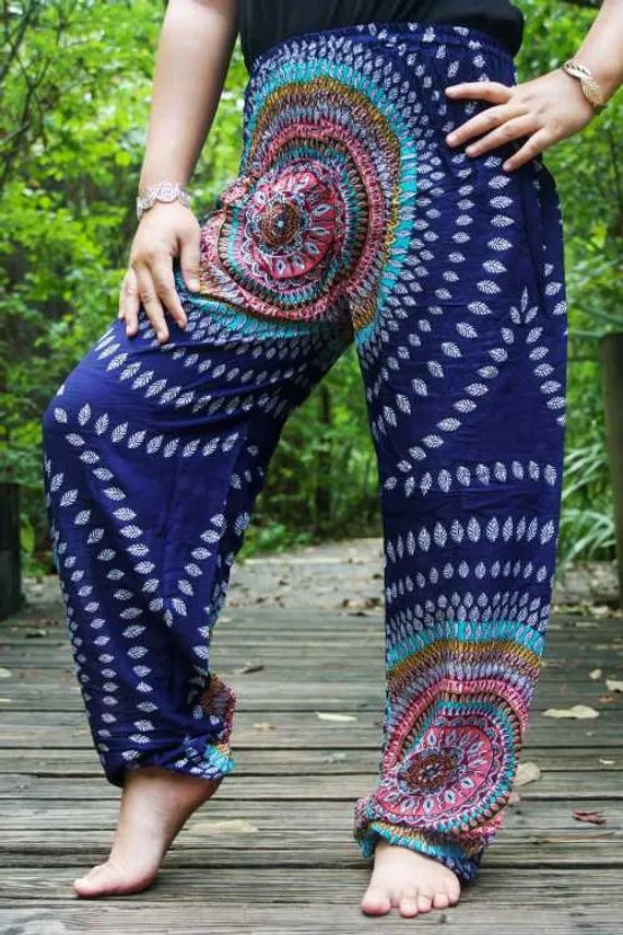 Unisex Bohemian Mandala Swirl Harem Pants- Blue Multi