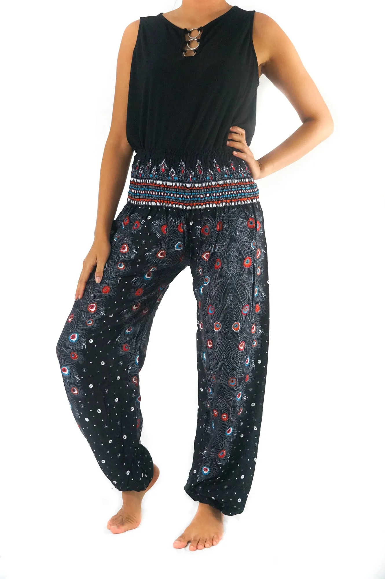 Unisex Bohemian Peacock Feather Motif Harem Pants- Black Multi