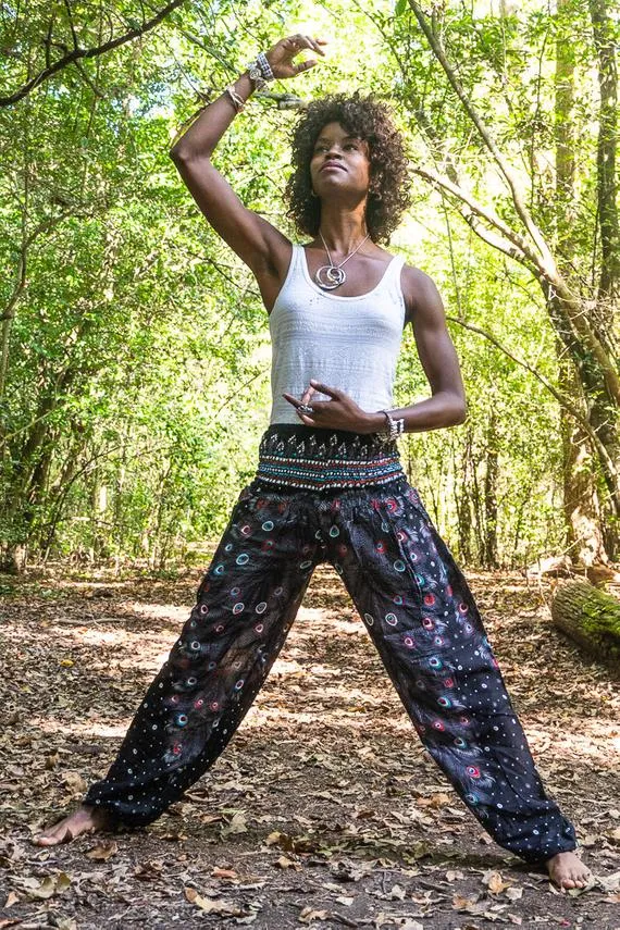 Unisex Bohemian Peacock Feather Motif Harem Pants- Black Multi