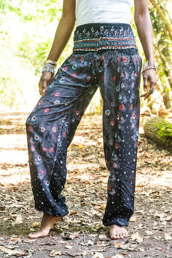Unisex Bohemian Peacock Feather Motif Harem Pants- Black Multi