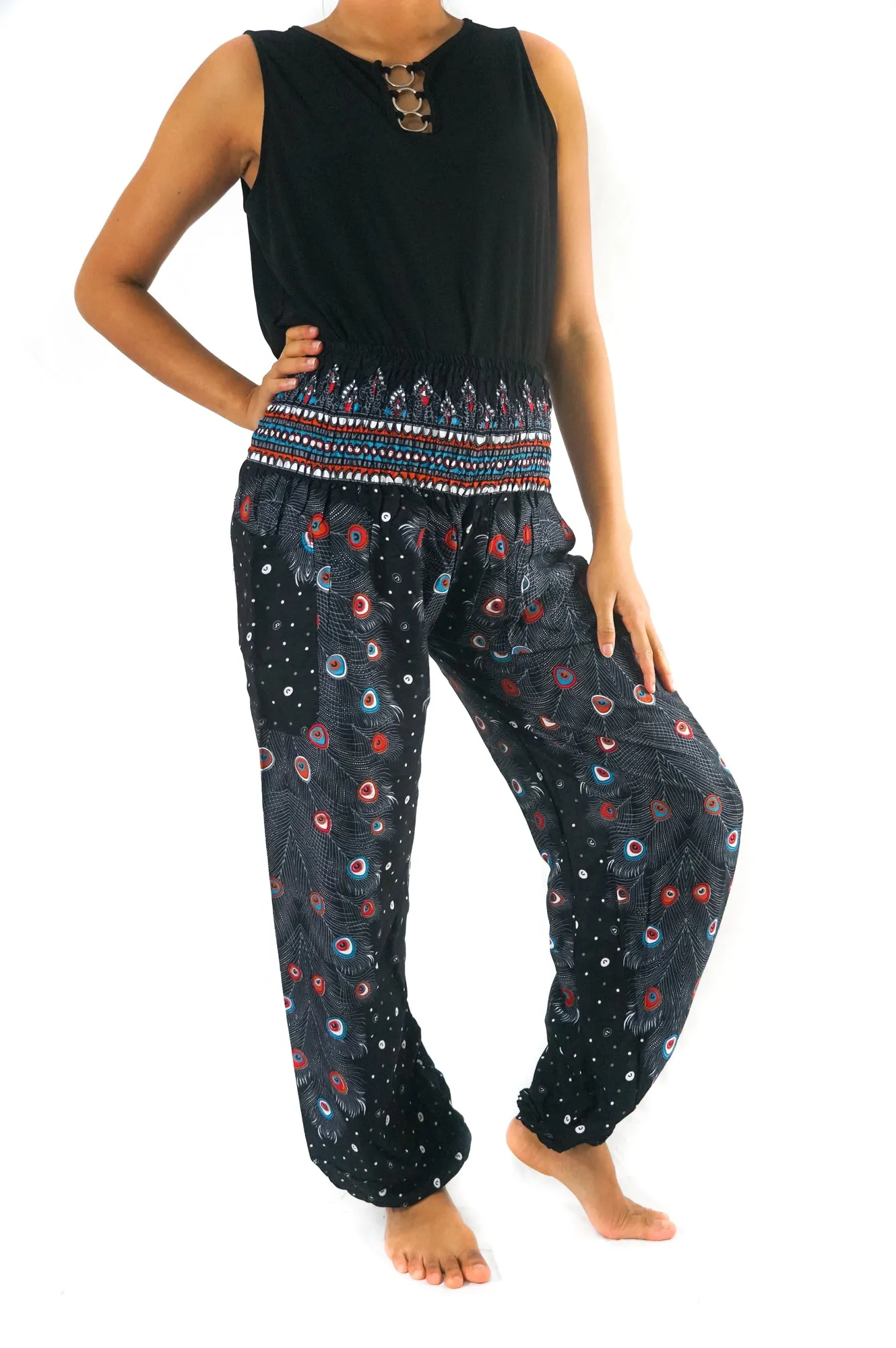 Unisex Bohemian Peacock Feather Motif Harem Pants- Black Multi
