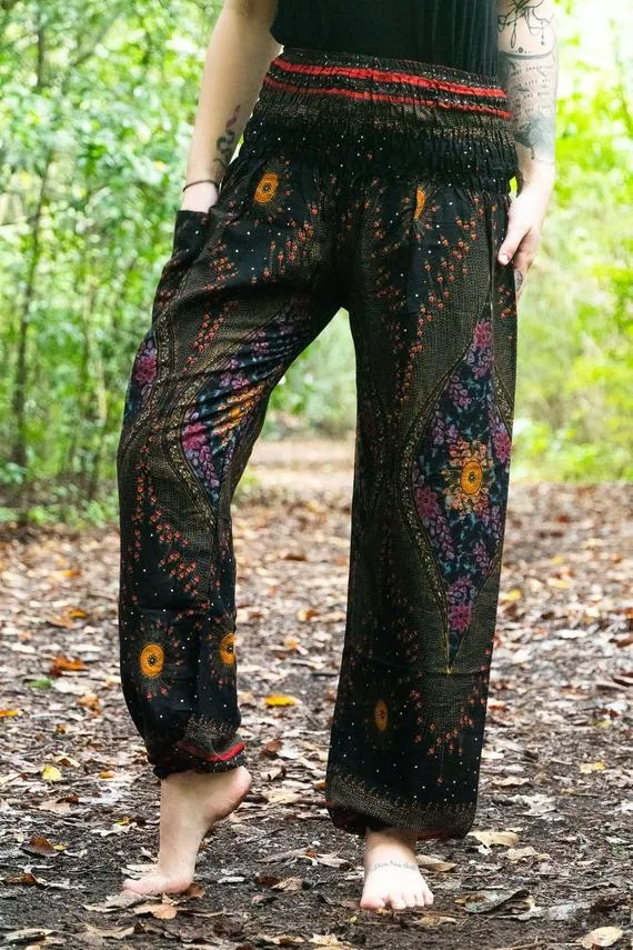 Unisex Bohemian Peacock Feather Plume Harem Pants- Black Multi
