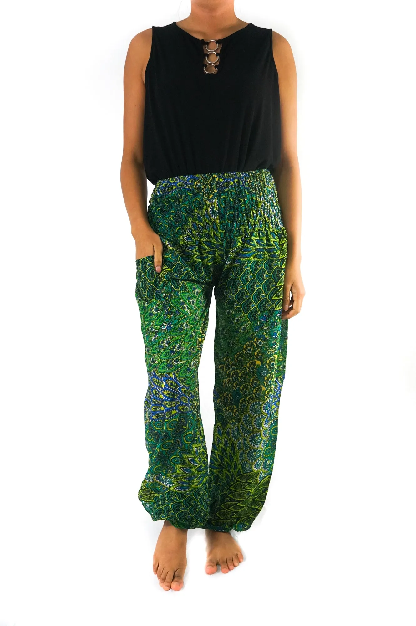 Unisex Bohemian Peacock Feather Print Harem Pants- Green