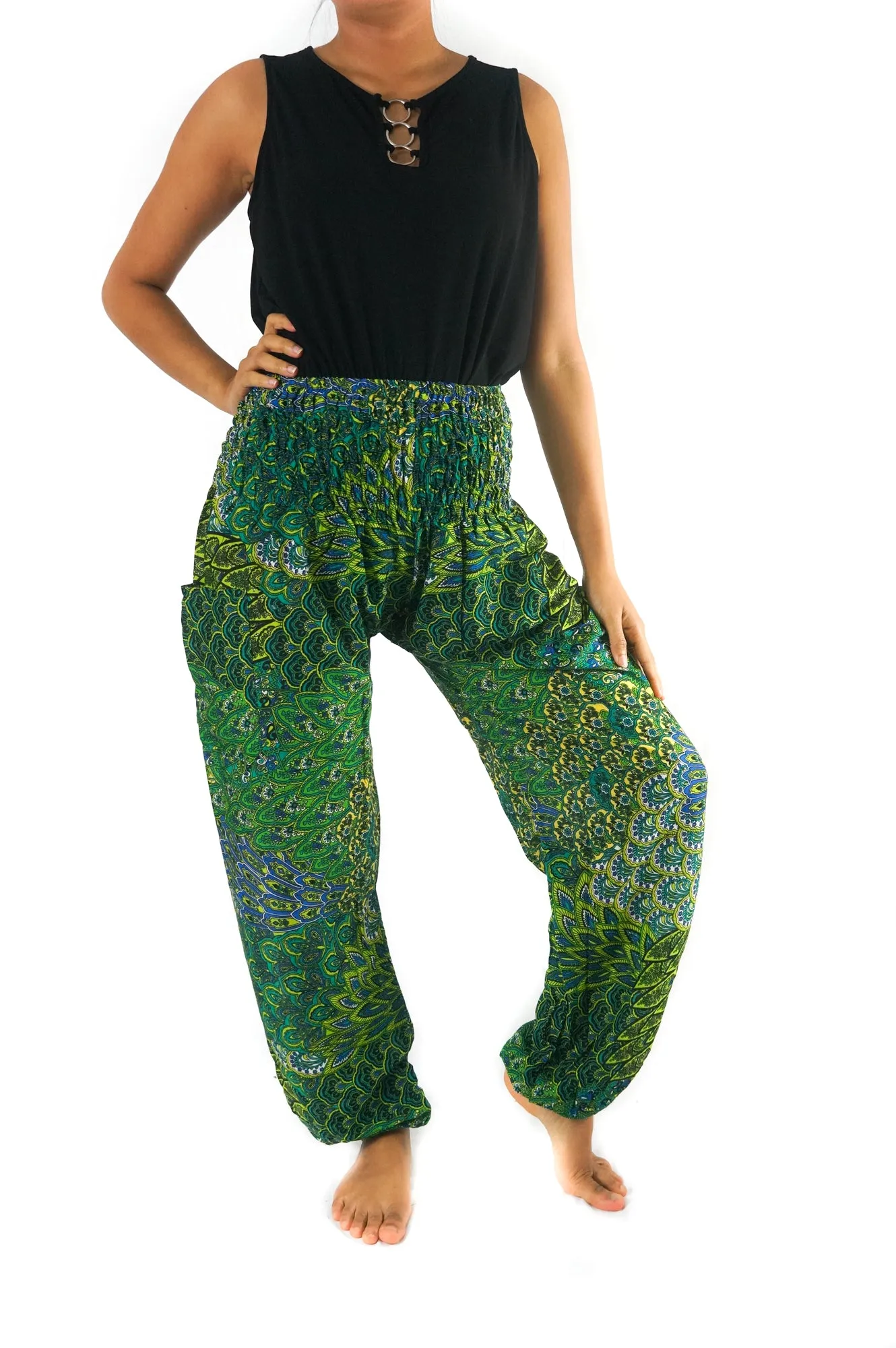 Unisex Bohemian Peacock Feather Print Harem Pants- Green