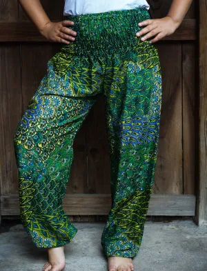 Unisex Bohemian Peacock Feather Print Harem Pants- Green