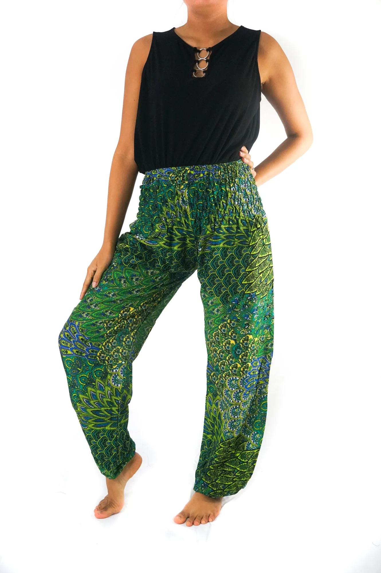 Unisex Bohemian Peacock Feather Print Harem Pants- Green