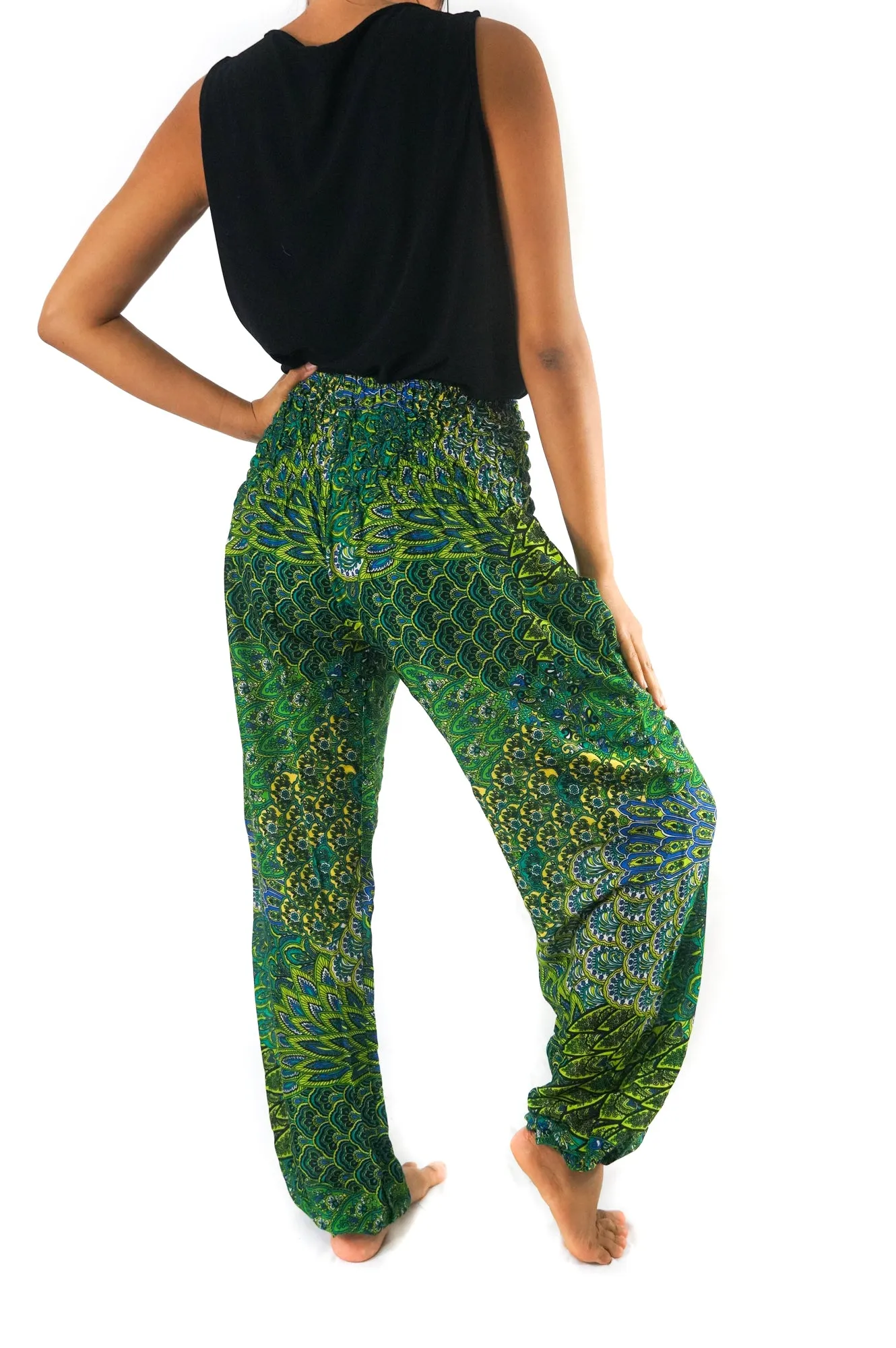 Unisex Bohemian Peacock Feather Print Harem Pants- Green