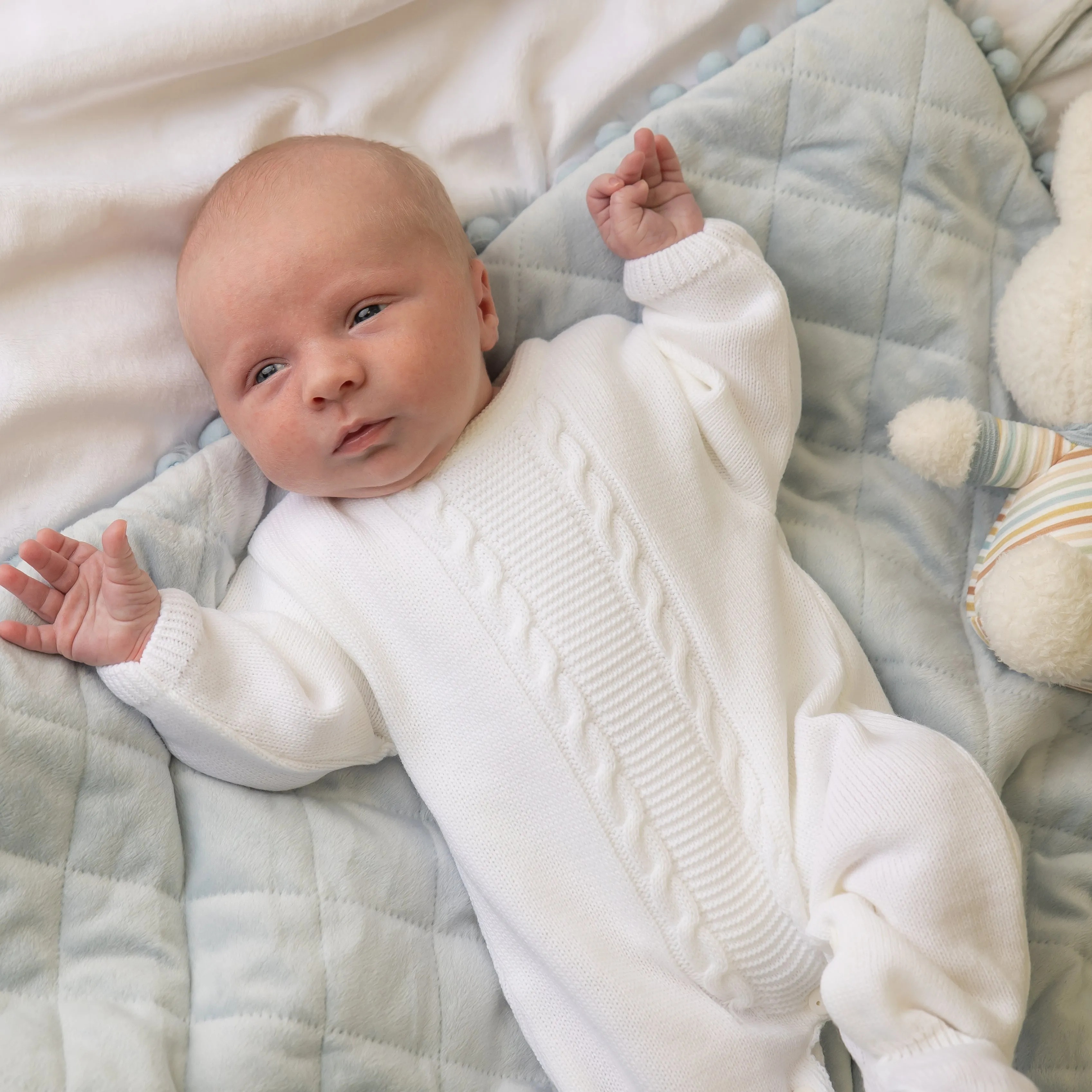 Unisex Cable Knitted White Baby Onesie