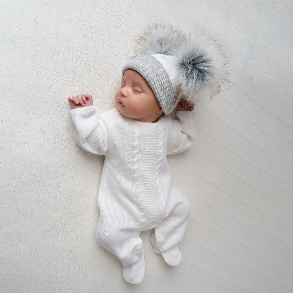 Unisex Cable Knitted White Baby Onesie