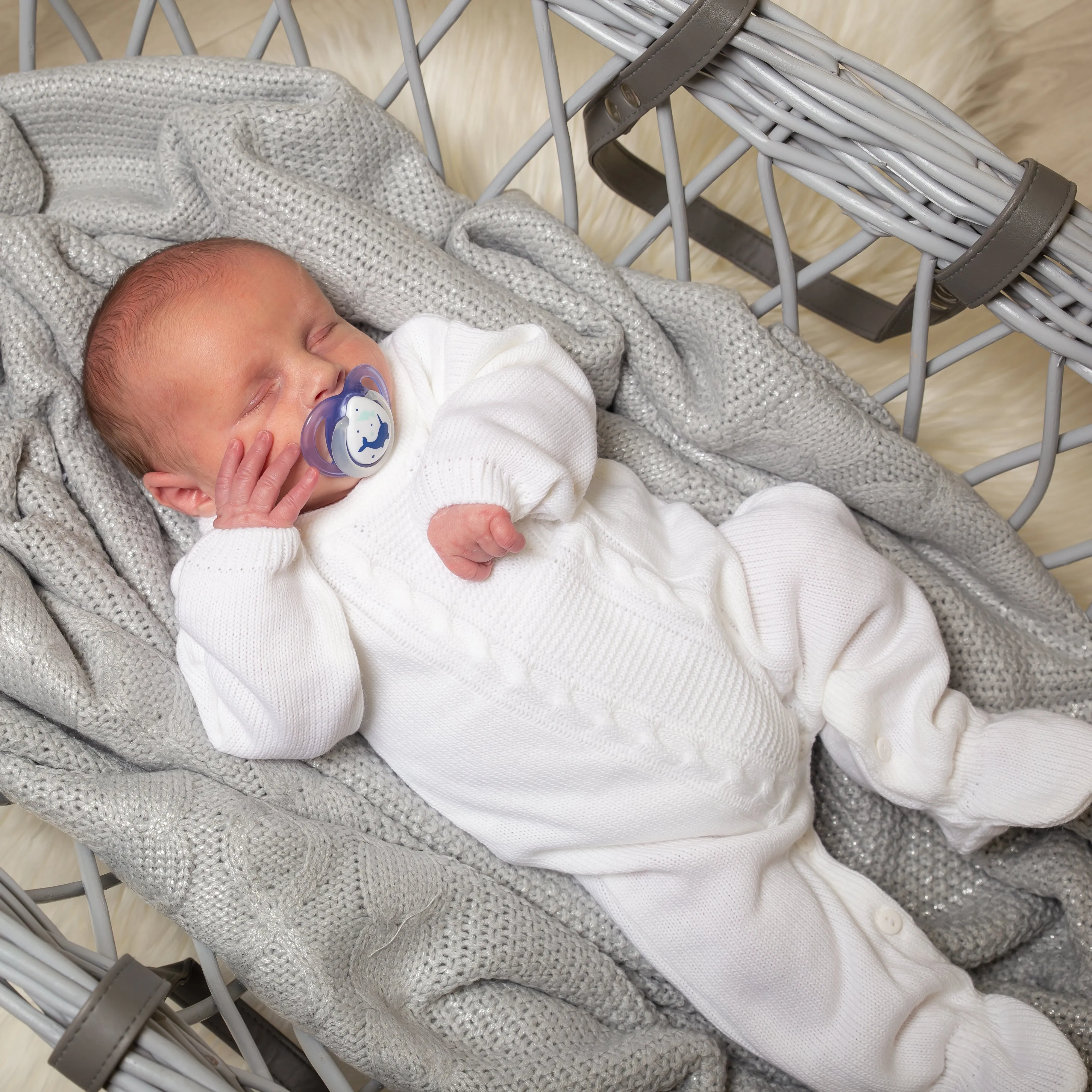 Unisex Cable Knitted White Baby Onesie